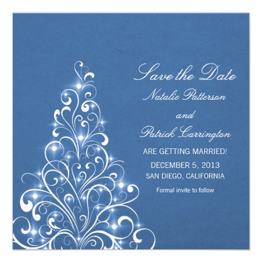 Blue Sparkly Holiday Tree Save the Date Invite | Zazzle