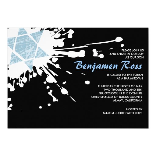 Blue Splatter Star Bar Bat Mitzvah Invitation (front side)