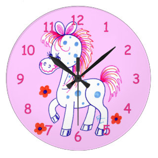Blue Spotted Horse with Happy Smile (Pink) Wall Clocks