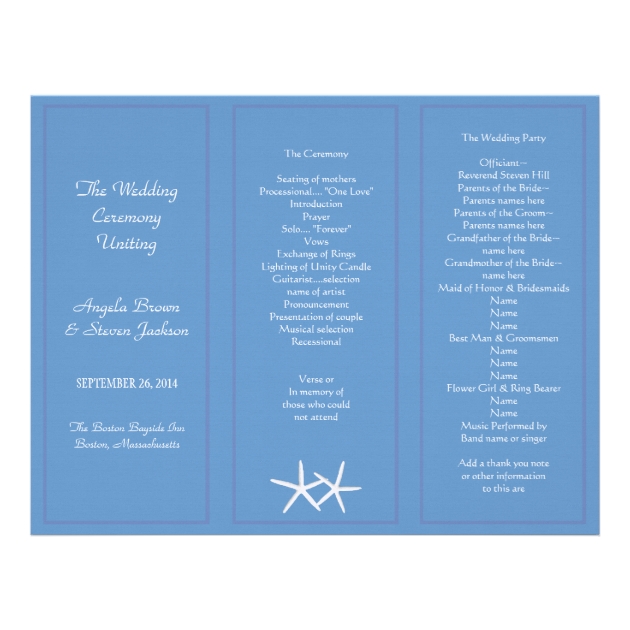 blue starfish tri fold wedding program templates tri fold program