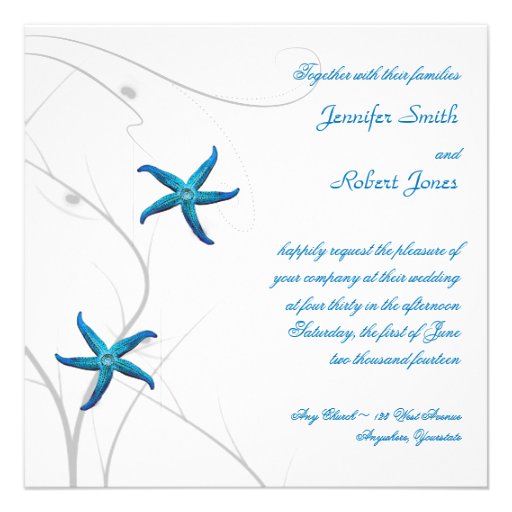 Blue Starfish with Silver Coral Wedding Invitation (front side)