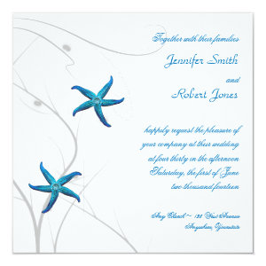 Blue Starfish with Silver Coral Wedding Invitation 5.25