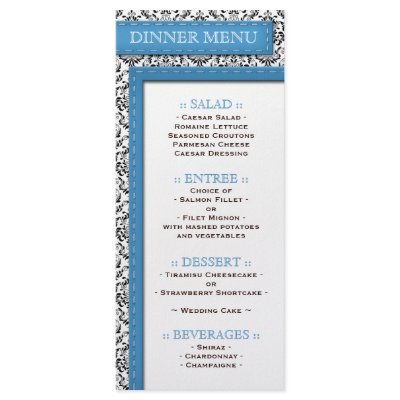 Blue Stitched Damask Wedding Reception Menu Custom Rack Card by Platinum_Papier