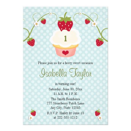 Blue Strawberry Cupcake Birthday Invitation Any Ag