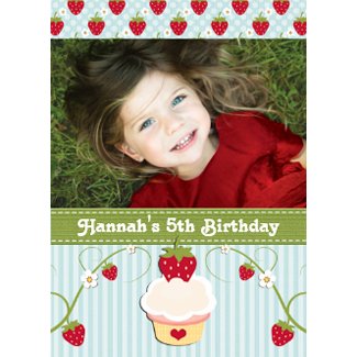 Blue Strawberry Cupcake Birthday Photo Invitation