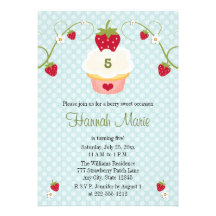 Blue Strawberry Cupcake Birthday Photo Invitation