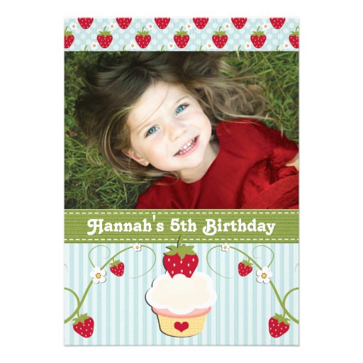 Blue Strawberry Cupcake Birthday Photo Invitation