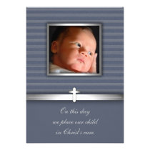 Blue Stripe Baby Boy Photo Christening invitations