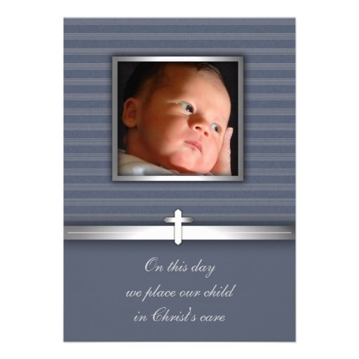 Blue Stripe Baby Boy Photo Christening Personalized Invitations
