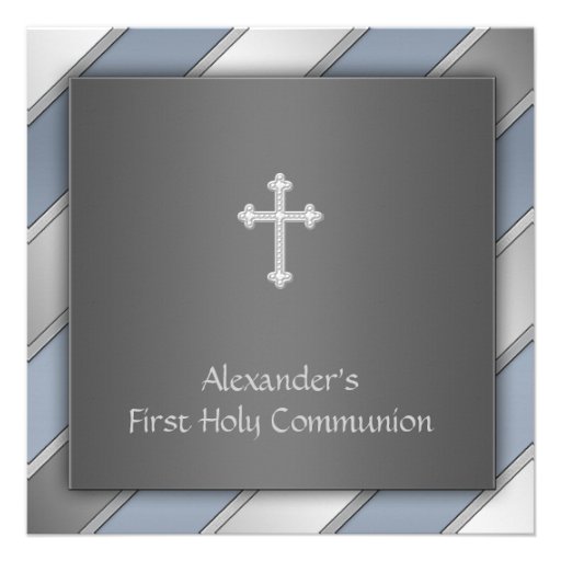 Blue Stripe Boys First Communion Personalized Invites