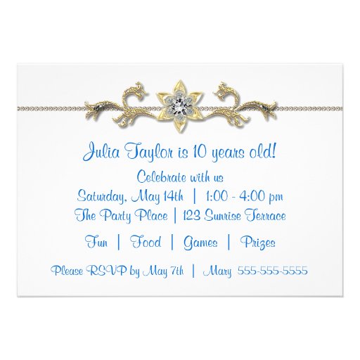 Blue Stripe Gold Flowers 10th Birthday Invitation