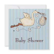 Blue Stripe Stork Baby Boy Shower Invitations