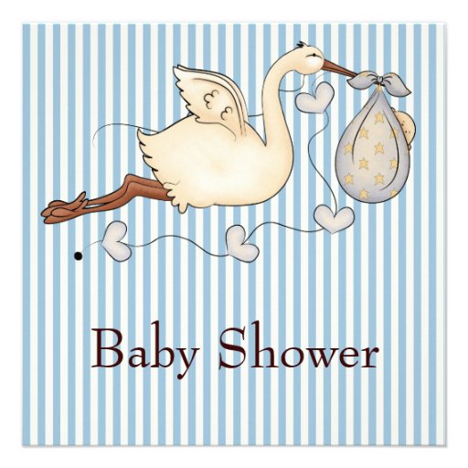 Blue Stripe Stork Baby Boy Shower Invite