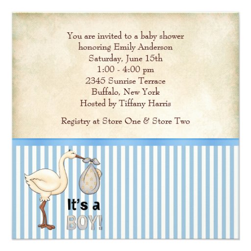 Blue Stripe Stork Baby Boy Shower Invite