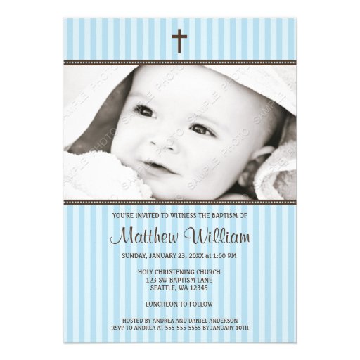 Blue Stripes and Brown Cross Boy Photo Baptism Personalized Invite