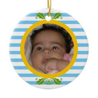 Blue stripes Baby’s 1st Christmas photo Ornament