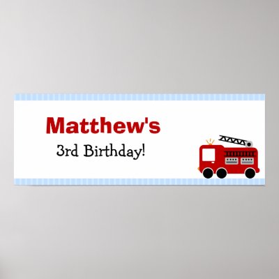 Blue Stripes Fire Truck Birthday Party Banner Posters by printcreekstudio