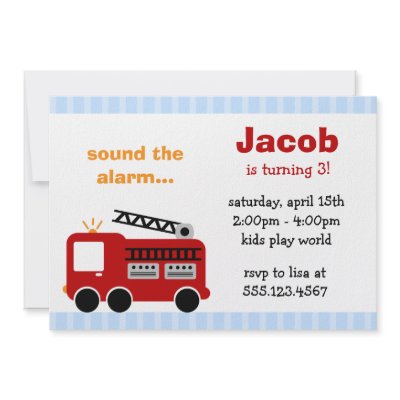 Blue Stripes Fire Truck Birthday Party Invitations by printcreekstudio