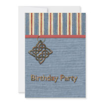 Blue Stripes Weave and Medallion Birthday Party Personalized Invitation