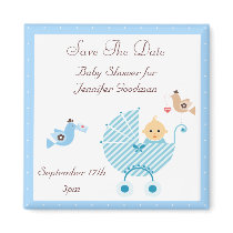 Blue Stroller & Birds Save The Date Baby Shower Magnets