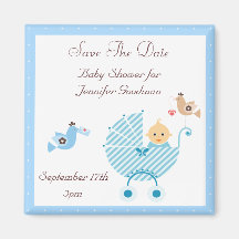 Blue Stroller & Birds Save The Date Baby Shower Magnets