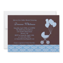 Blue Stroller with Balloons Baby Shower Invitation