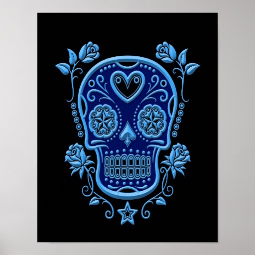Blue Sugar Skull with Roses on Black Posters