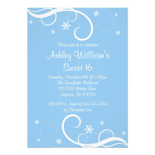 Blue Sweet 16 Winter Wonderland Swirl Snowflakes Personalized Invites