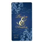 Blue Swirl Gold Jeweled Wedding Wine Label