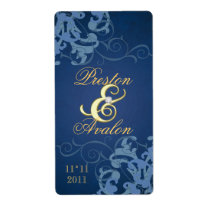 Blue Swirl Gold Jeweled Wedding Wine Label