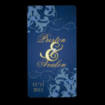 Blue Swirl Gold Jeweled Wedding Wine Label labels