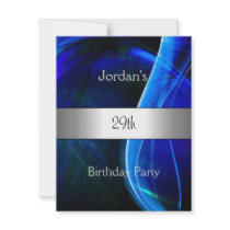 Blue Swirl Silver 29th Birthday Party Invite