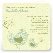 Blue Swirly Mom & Baby Bird Baby Shower Invitation