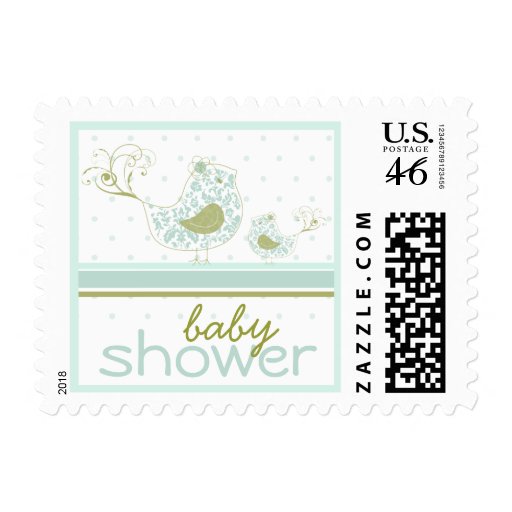 Blue Swirly Mom & Baby Bird Baby Shower Stamps