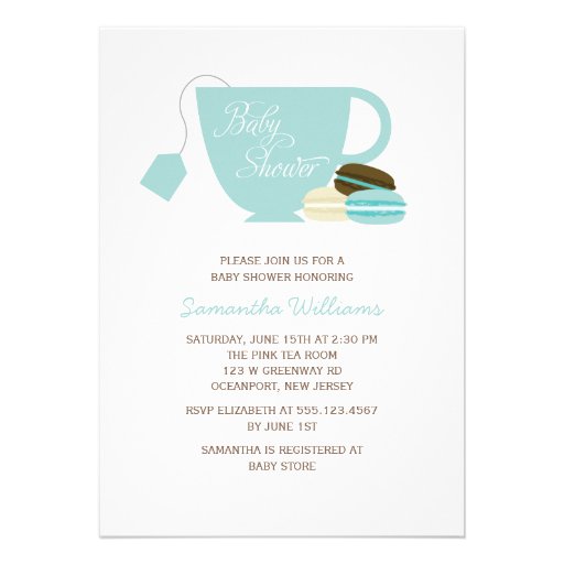 Blue Tea Cup and Macarons Baby Shower Invite