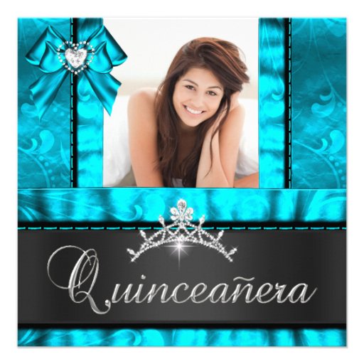 Blue Teal Quinceanera 15th Birthday Party Photo Custom Invite