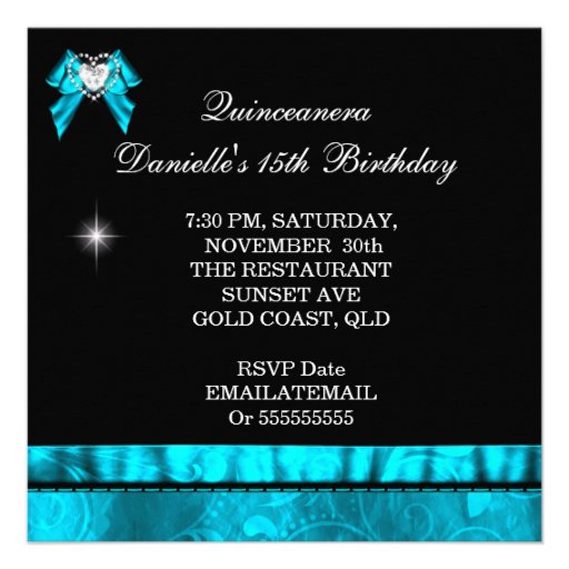Blue Teal Quinceanera 15th Birthday Party Photo Custom Invite