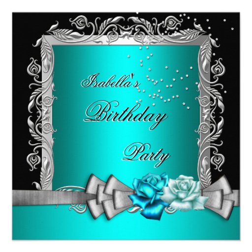 Blue Teal Silver Floral Roses Birthday Party Custom Invitations (front side)