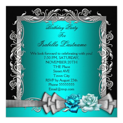 Blue Teal Silver Floral Roses Birthday Party Custom Invitations