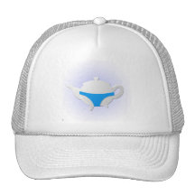 Blue teapot and lingerie mesh hats