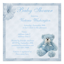 Blue Teddy Bear & Flowers Boy Baby Shower Personalized Invitation