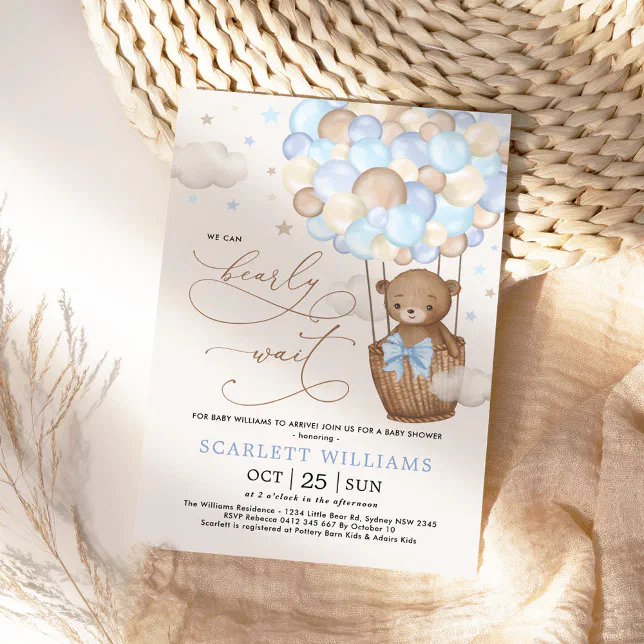Blue Teddy Bear Hot Air Balloons Boy Baby Shower Invitation Zazzle