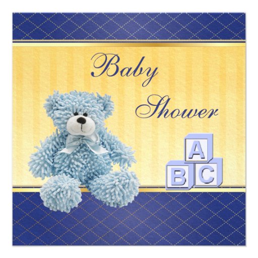 Blue Teddy & Building Blocks Boys Baby Shower Custom Invites