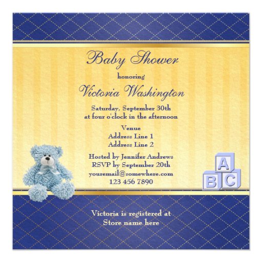 Blue Teddy & Building Blocks Boys Baby Shower Custom Invites