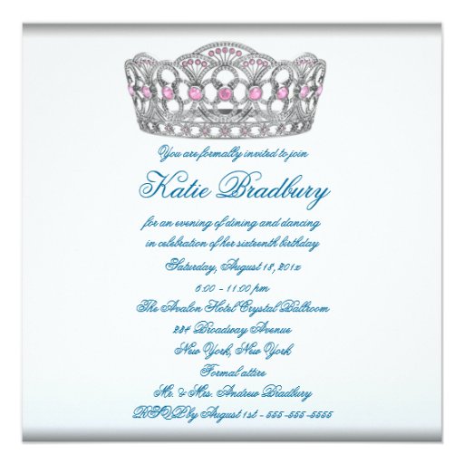 Blue Tiara Sweet Sixteen Birthday Party Announcement