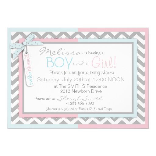 Blue Tie & Pink Tutu & Chevron Twins Baby Shower Invitation
