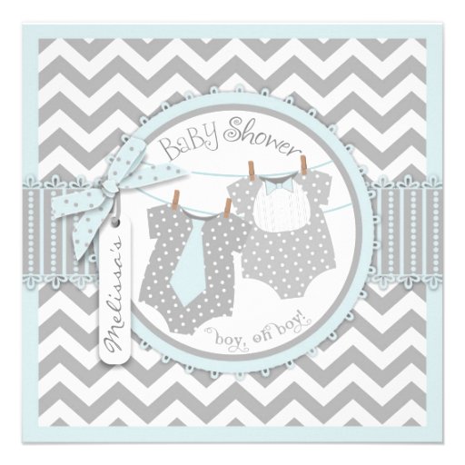 Blue Ties & Chevron Print Twin Boys Baby Shower Invite (front side)