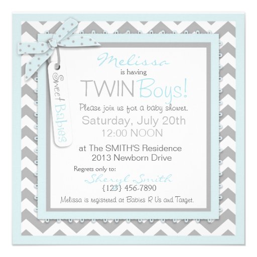 Blue Ties & Chevron Print Twin Boys Baby Shower Invite