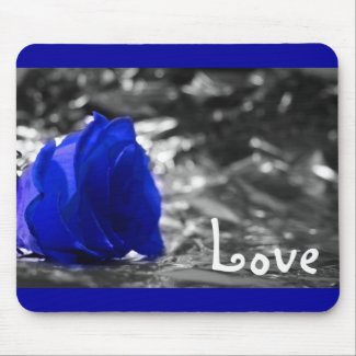 Blue tinted rose on silver back with Love text Mousepad
