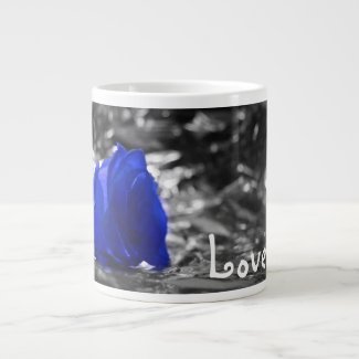 Blue tinted rose on silver back with Love text specialtymug